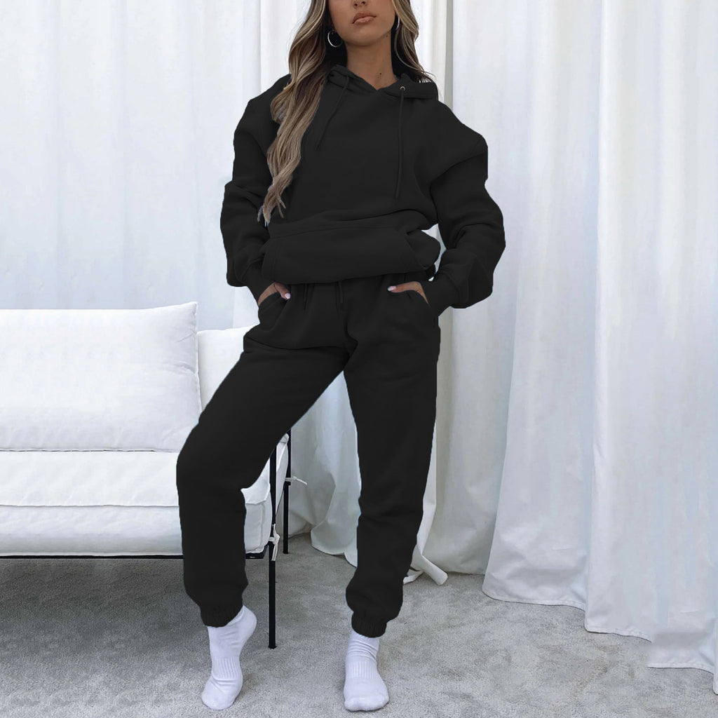 Damen nan Cropped Kapuzenjacke und High-Waist Jogginghose Set aus French Terry mit elastischem Bund