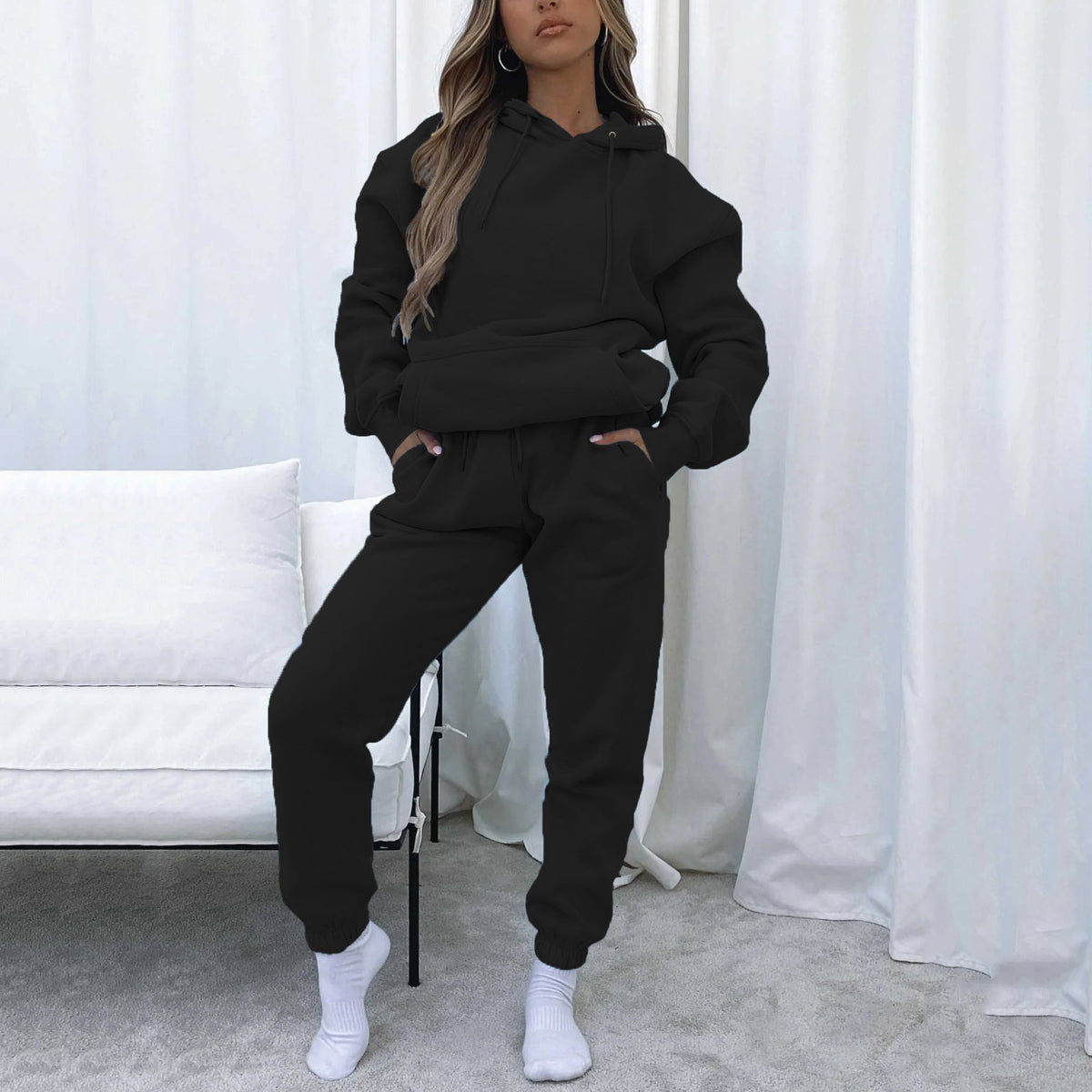 Damen nan Cropped Kapuzenjacke und High-Waist Jogginghose Set aus French Terry mit elastischem Bund