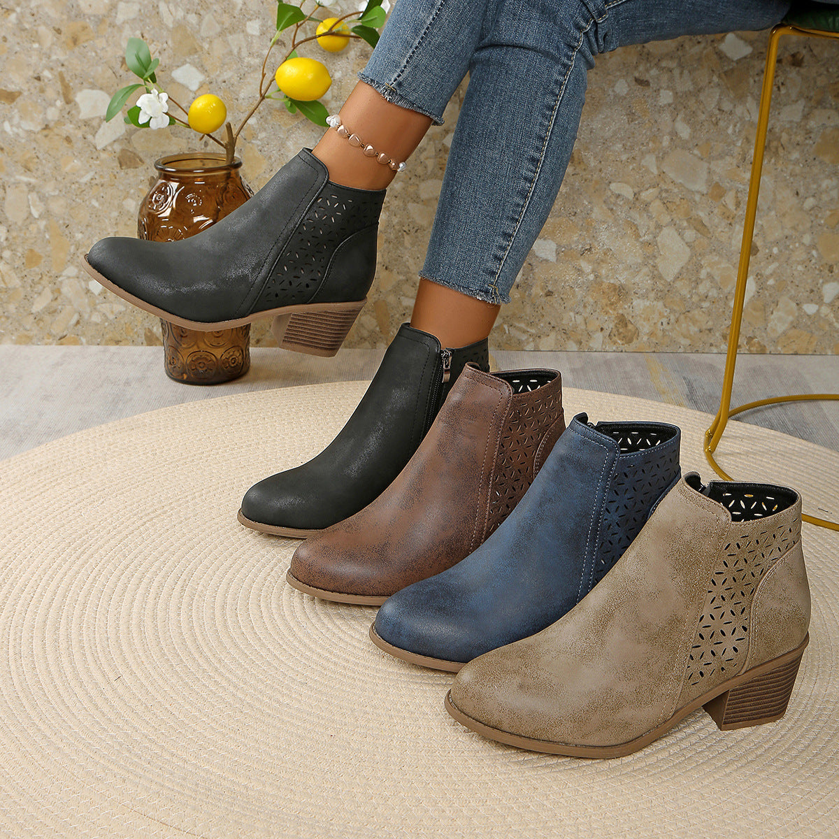 Damen nan knöchelhohe Stiefelette mit Laser-Cut-Perforation, seitlichem Reißverschluss und mittelhohem Blockabsatz