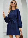 Damen nan elegantes Etuikleid mit Ballonärmeln und Taillengürtel