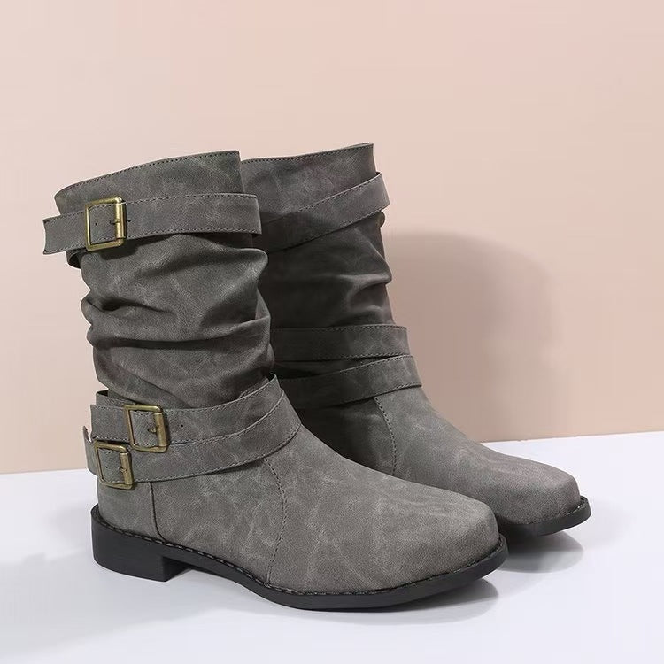 Damen nan lässiger mittlerer Schaftstiefel mit weichem Slouch-Effekt, dekorativen Schnallenriemen und robustem Blockabsatz
