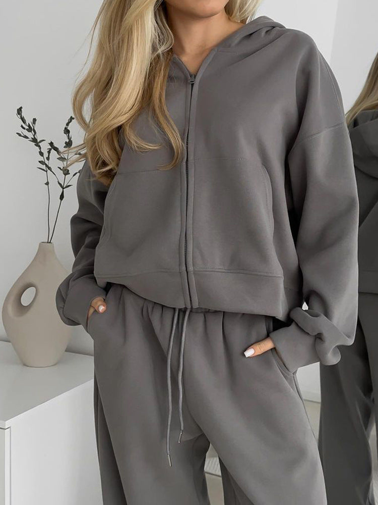 Damen nan cropped Kapuzenjacke mit durchgehendem Reißverschluss und taillenhoher Jogginghose Set