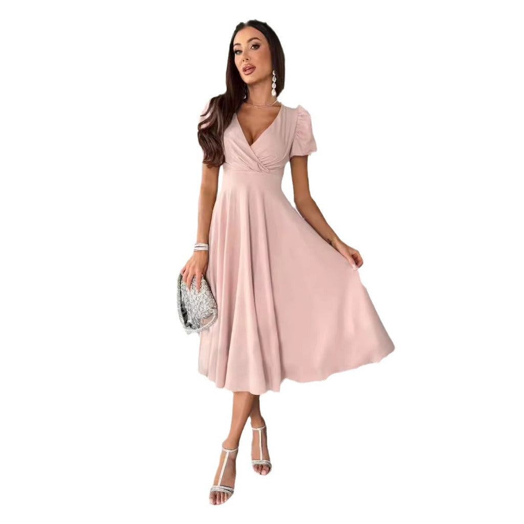 Damen A-Linie Kleid mit Puffärmeln und schmalem V-Ausschnitt Selmira