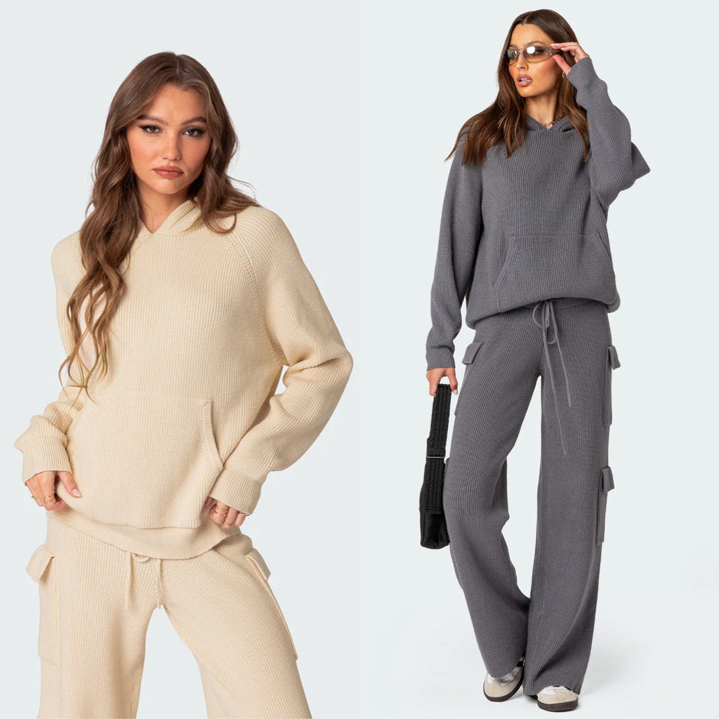Damen nan gerippter Kapuzenpullover aus Feinstrick mit Kängurutasche und relaxed Fit