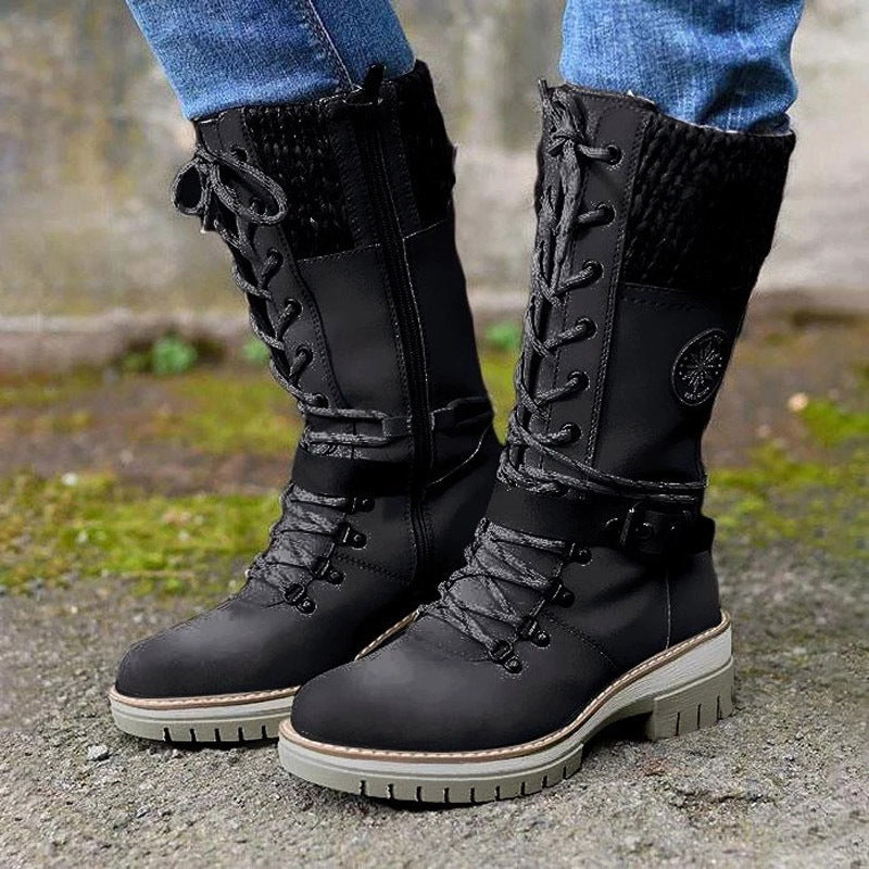 Damen nan gefütterte Schnürstiefel mit gestricktem Schaftbund, dekorativem Schnallenriemen und profilierter Gummisohle