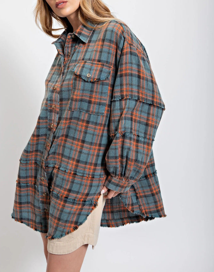 Damen nan oversized Karo-Überhemd mit Fransenbesatz, Brusttaschen und lockerer Passform