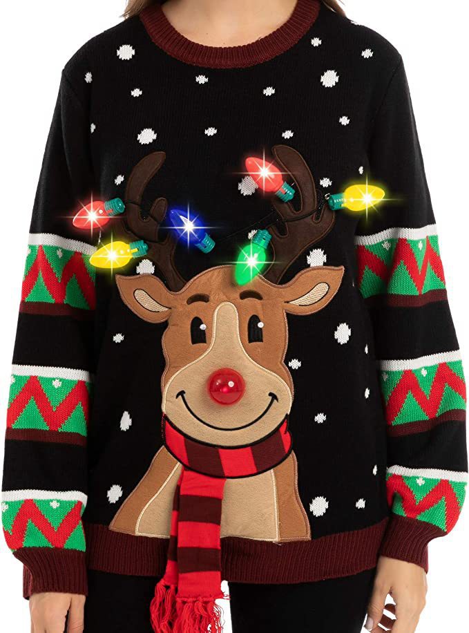 Damen nan weihnachtlicher Strickpullover mit Rentierapplikation integrierter Lichterkette und dreidimensionalem Nasenpompom