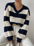 Damen nan gestreifter Grobstrick-Pullover mit Zopfmuster, tiefem V-Ausschnitt und oversized Passform