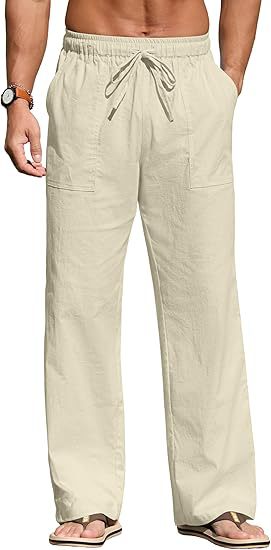 Herren nan leichte Leinenhose mit elastischem Bund, Kordelzug und aufgesetzten Taschen