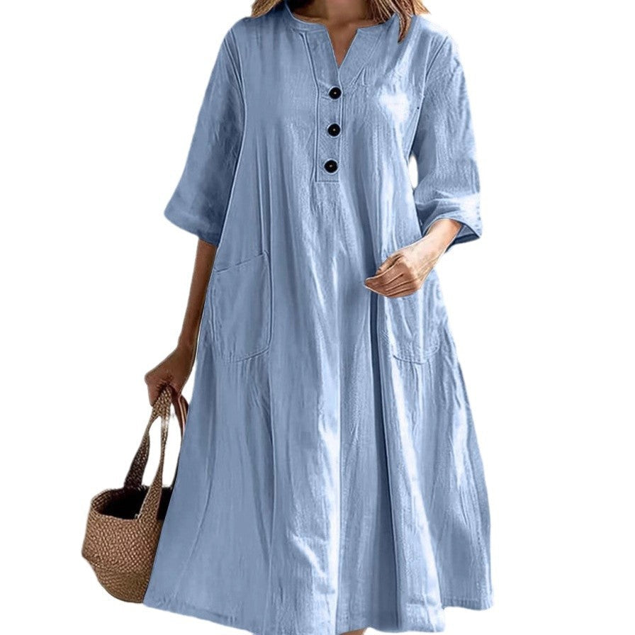 Damen nan locker fallendes A-Linien Kleid mit V-Ausschnitt-Knopfleiste, 3/4-Ärmeln und aufgesetzten Eingrifftaschen