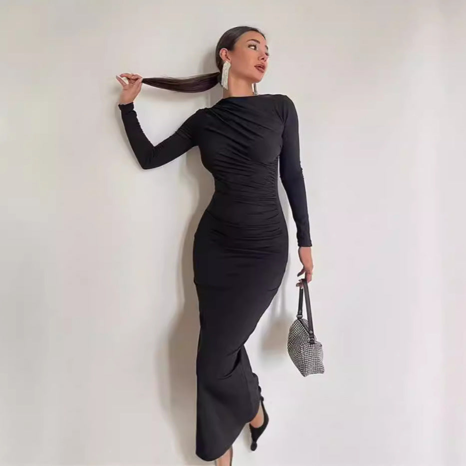 Damen nan gerafftes Maxikleid mit asymmetrischem Ausschnitt und taillierter Silhouette