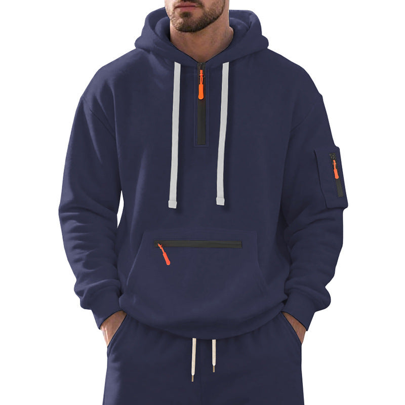 Herren nan technischer Freizeit-Hoodie mit kurzem mittigem Reißverschluss, Reißverschluss-Kängurutasche und Ärmeltasche