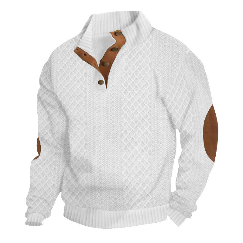 Herren nan grobstrickpullover mit Stehkragen, Knopfleiste und Ellbogenpatches