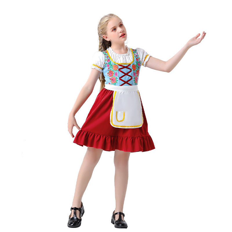 Damen nan nostalgisches Trachten-Kostümkleid mit geschnürtem Mieder, Rüschenkragen und abnehmbarer Schürze