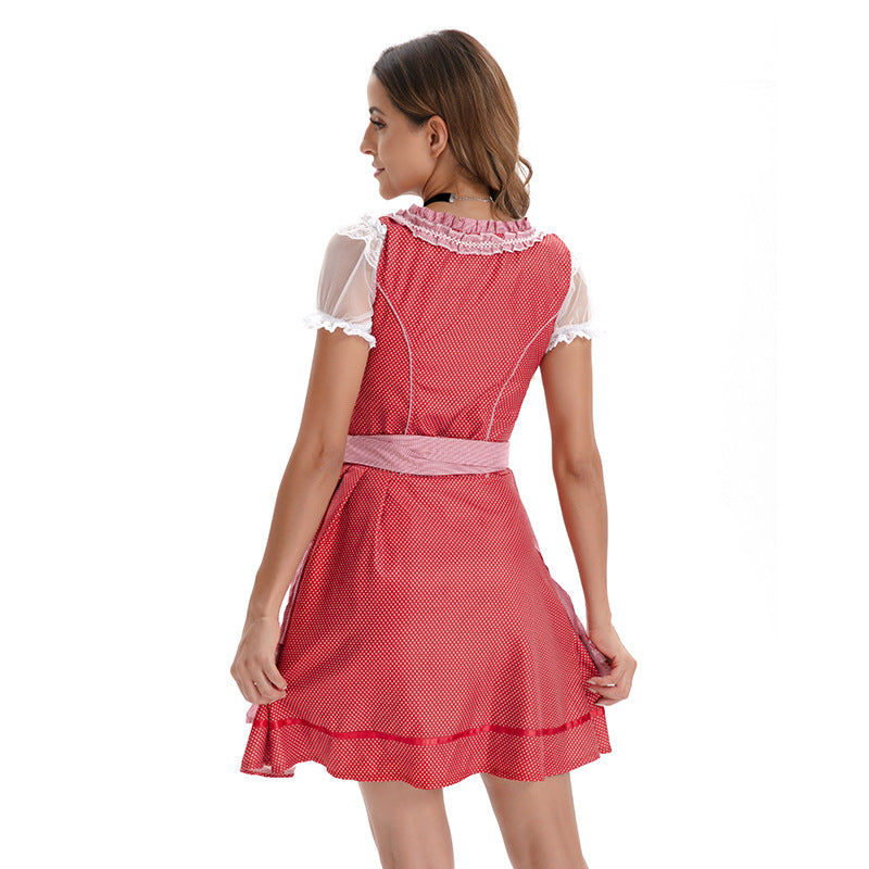 Damen nan kurzes traditionelles Dirndlkleid mit Korsett-Schnürung Spitzendetails und bindbarer Schürze