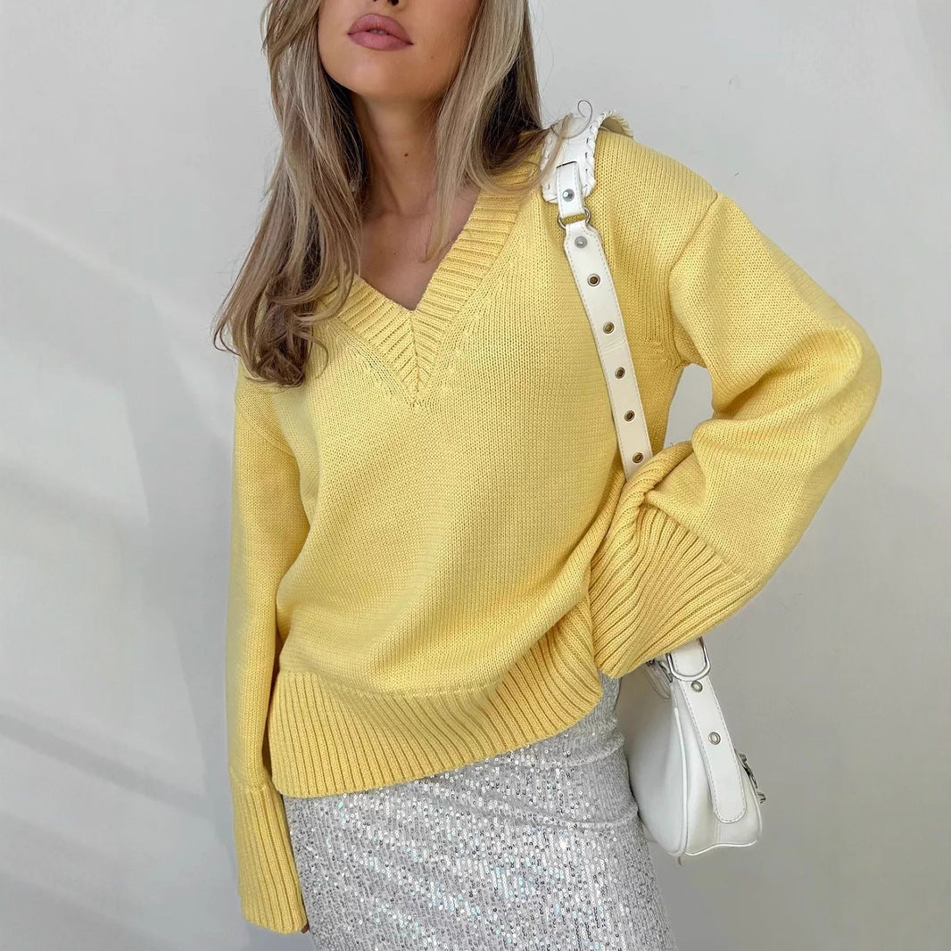 Damen nan oversized Feinstrickpullover mit tiefem V-Ausschnitt, gerippten Bündchen und lockerer Silhouette