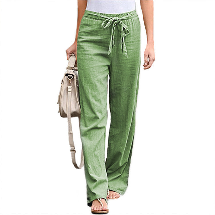 Damen nan lässige Leinenmix Weitein Hose mit Kordelzug