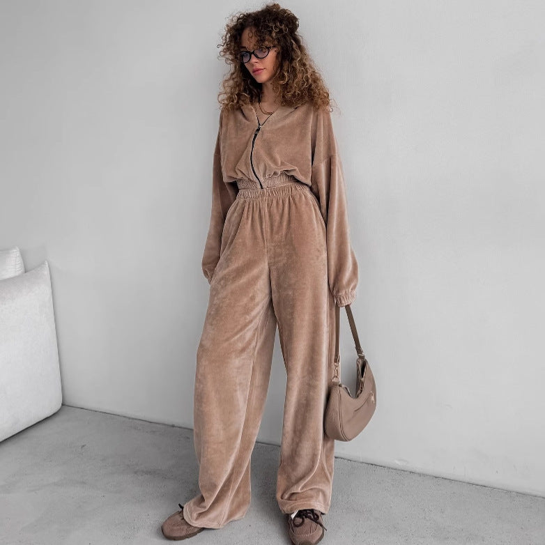 Damen nan Samt-Loungewear-Zweiteiler mit kurzem Frontzip, elastischem Komfortbund und weitem Hosenbein