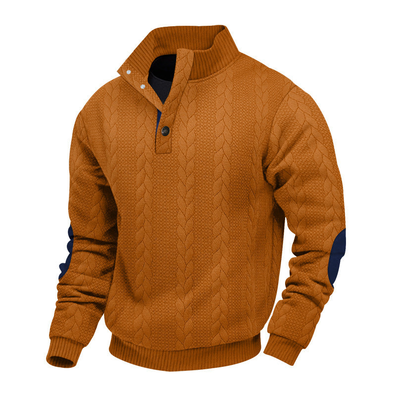 Herren nan Zopfmuster-Pullover mit Stehkragen, halber Knopfleiste und Ellbogenpatches
