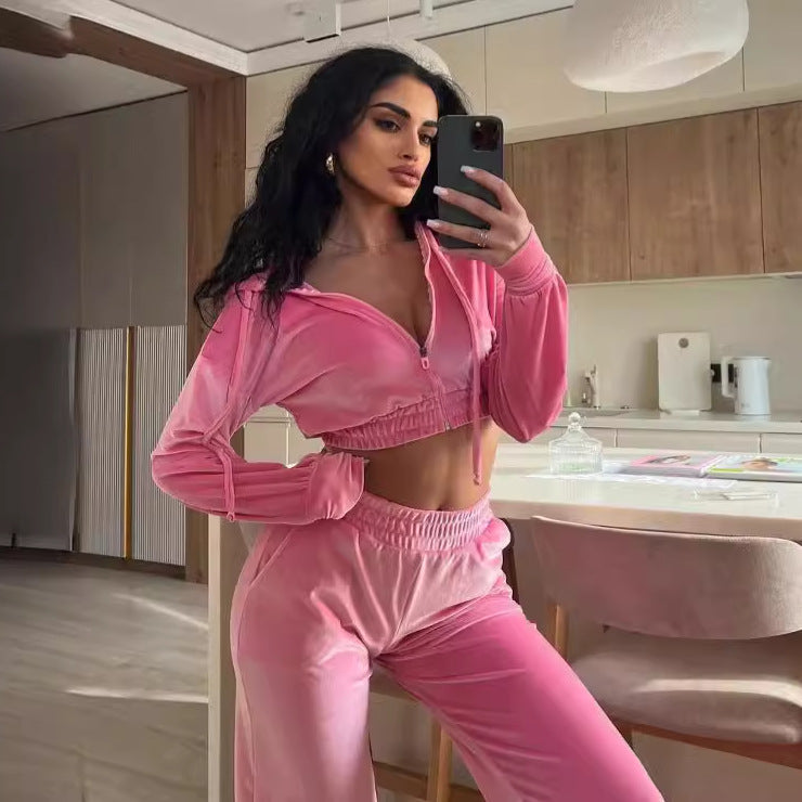 Damen nan kurzes Samt Trainingsset mit Reißverschluss Hoodie und weiter Bund Jogginghose
