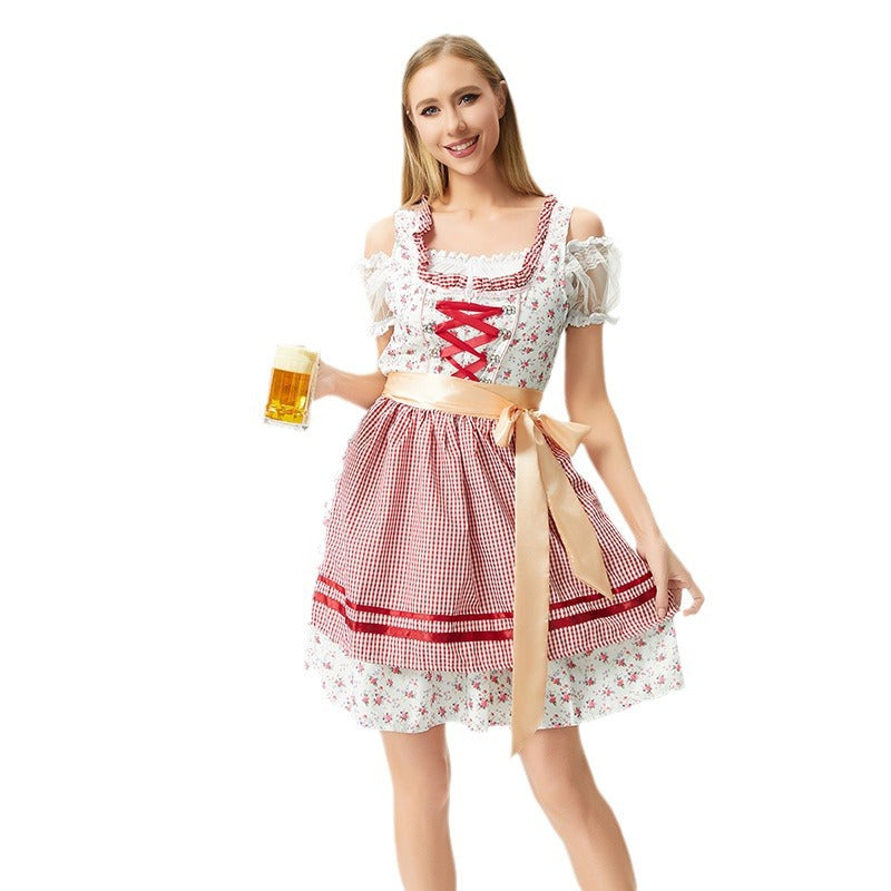 Damen nan traditionelles Oktoberfest Dirndl mit geschnürter Miederpartie, Rüschen und Satin-Schürze