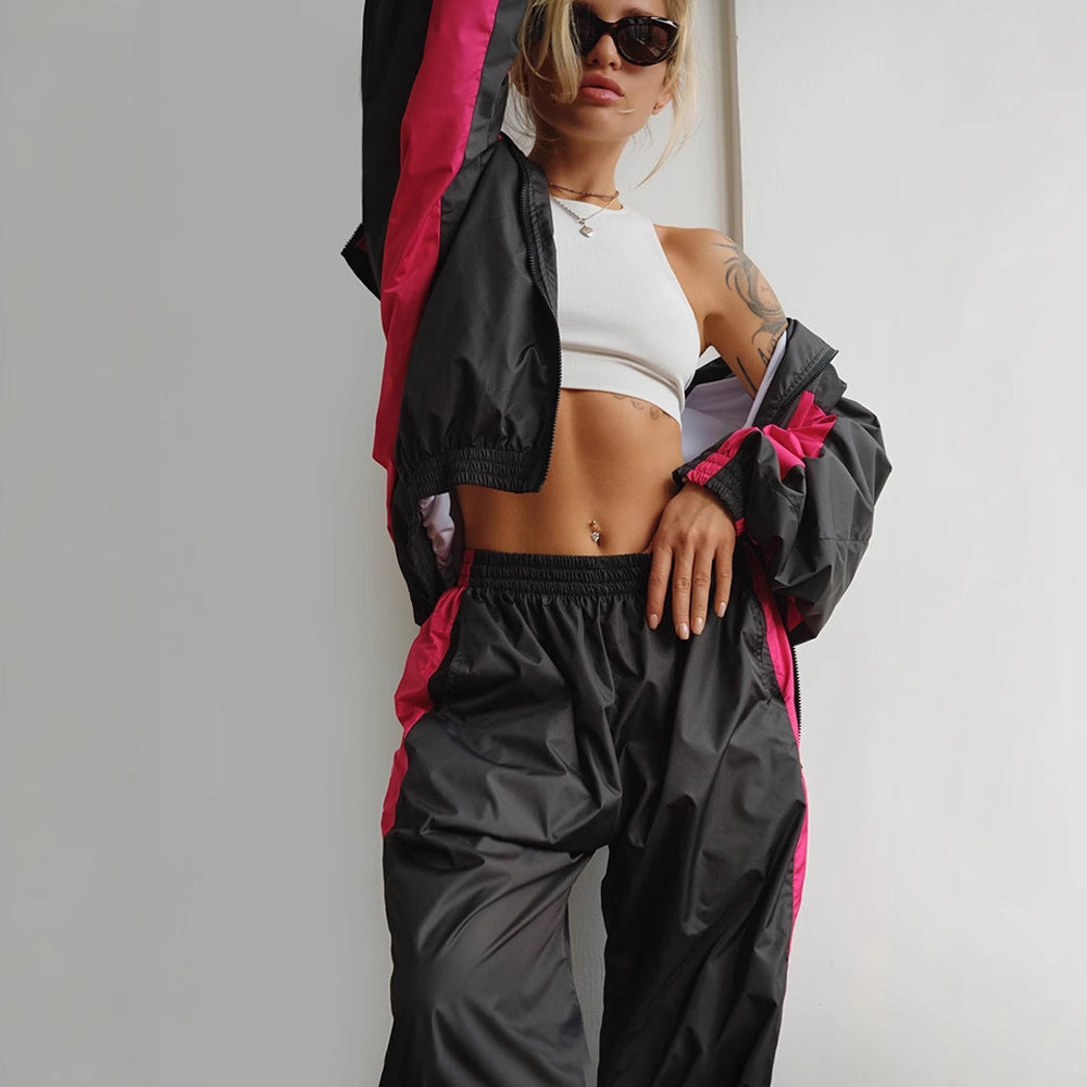 Damen nan sportives Trainingsanzug-Set mit Windbreaker-Jacke und weitem Hosenbein