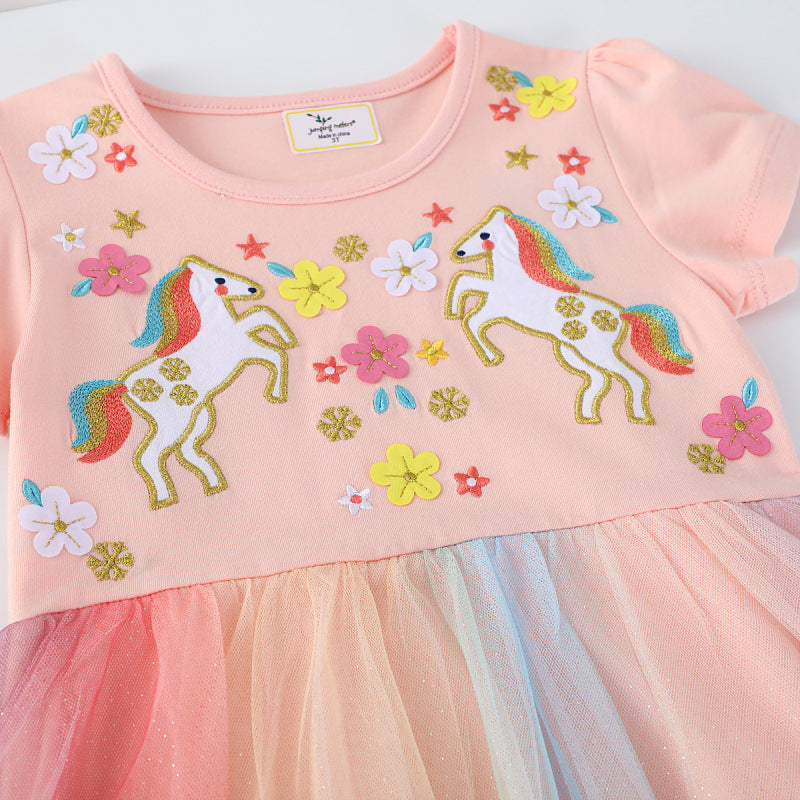 Mädchen Tüllkleid mit Einhorn-Stickerei und bunten Applikationen