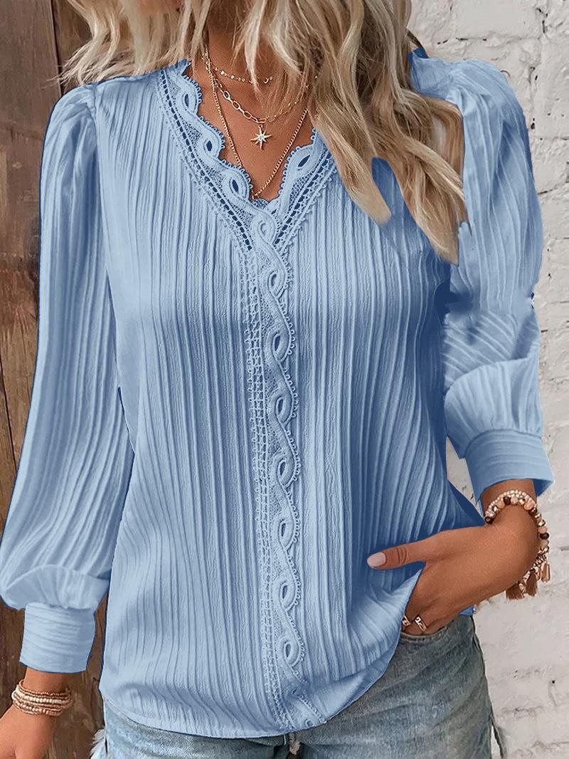 Damen nan romantische V-Ausschnitt Spitzenbluse mit Plissee und Puffärmeln