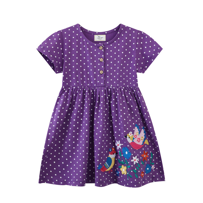 Mädchen Sommerkleid mit hübschen Vogel- und Blumenapplikationen