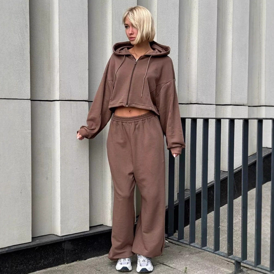 Damen nan kurz geschnittenes Zip-Hoodie und Highwaist Sweathose Lounge-Set mit Kapuze