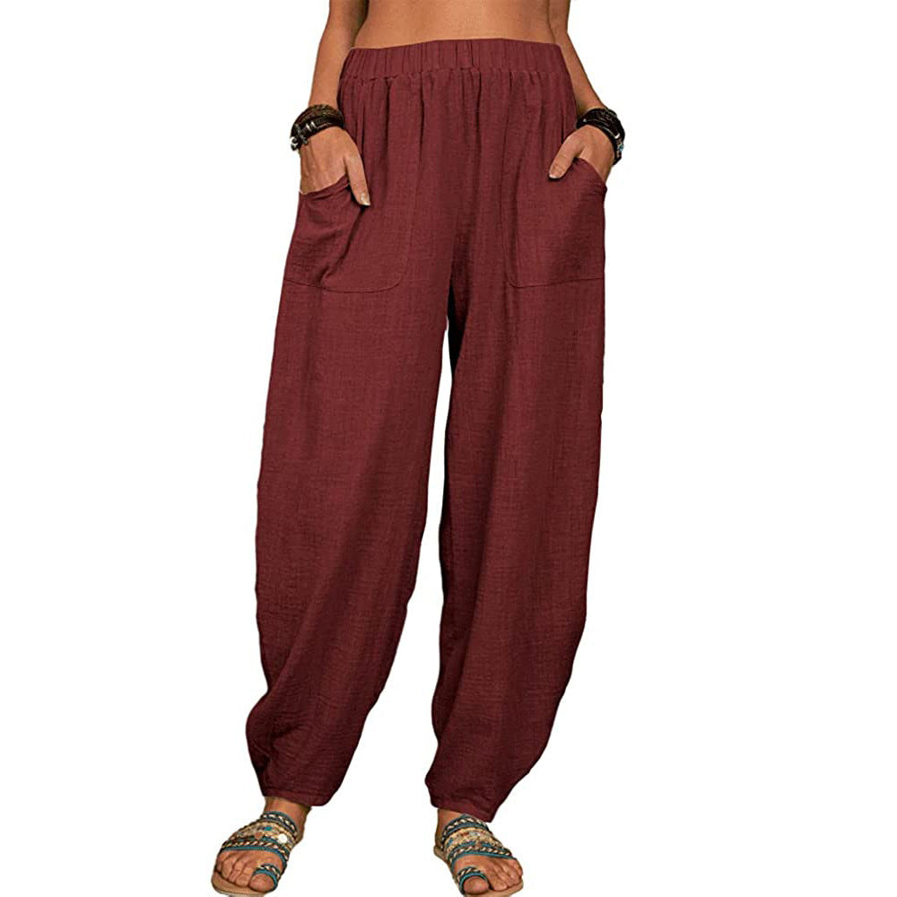 Damen nan lockere Leinenhose mit weitem Bein elastischem Bund und großen aufgesetzten Taschen