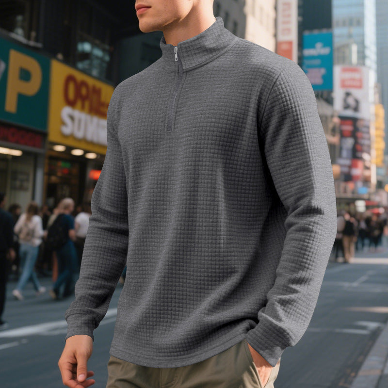 Herren nan leichtes Waffelstrick-Halbzip-Pullover mit Stehkragen und atmungsaktivem Baumwollmix