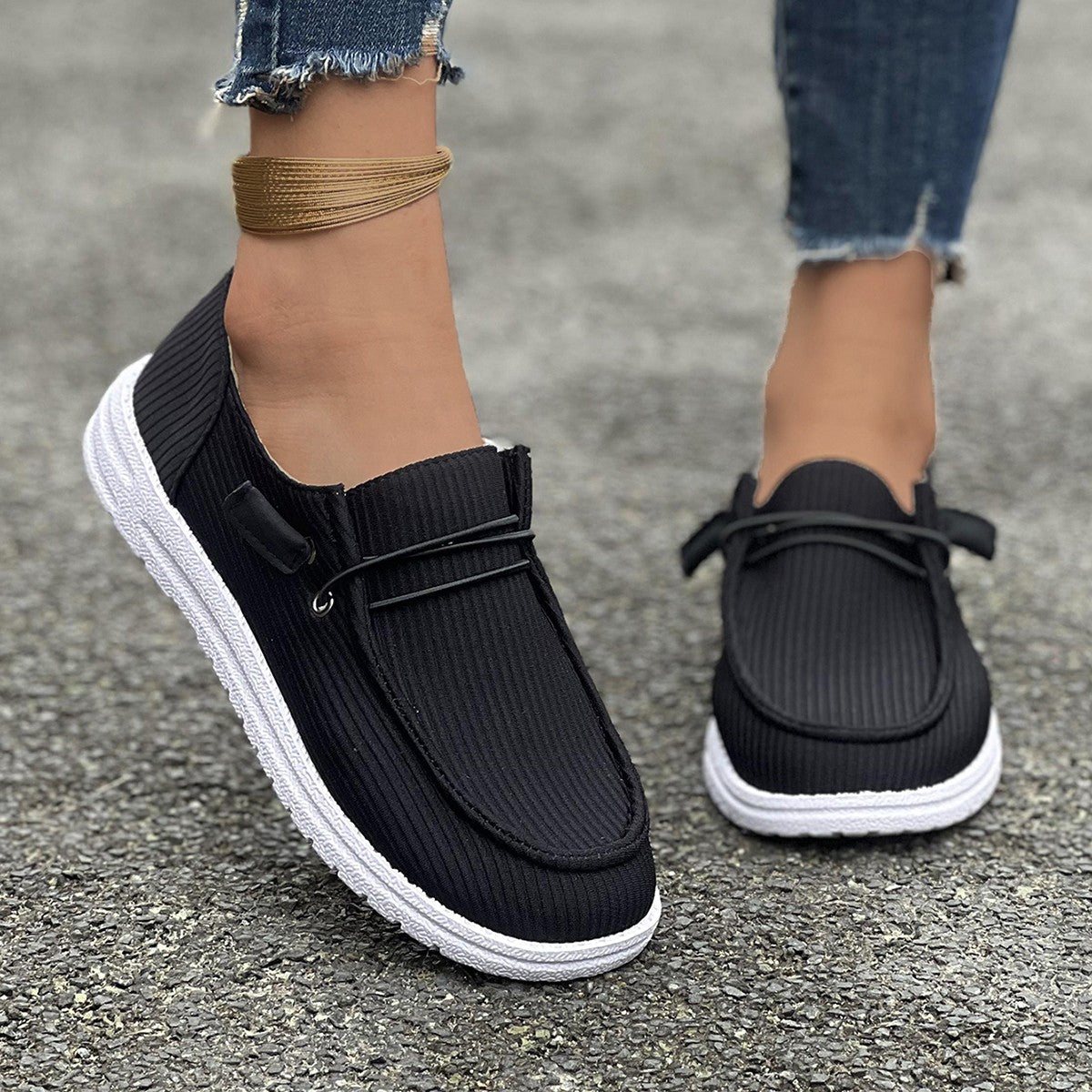 Damen nan lässige Slip-On Sneaker-Halbschuhe mit geripptem Textilobermaterial und elastischer Schnürung