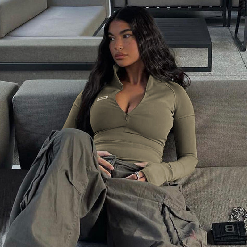 Damen nan figurbetontes Langarm-Zip-Top mit tiefem V-Ausschnitt und elastischem Funktionsstretch