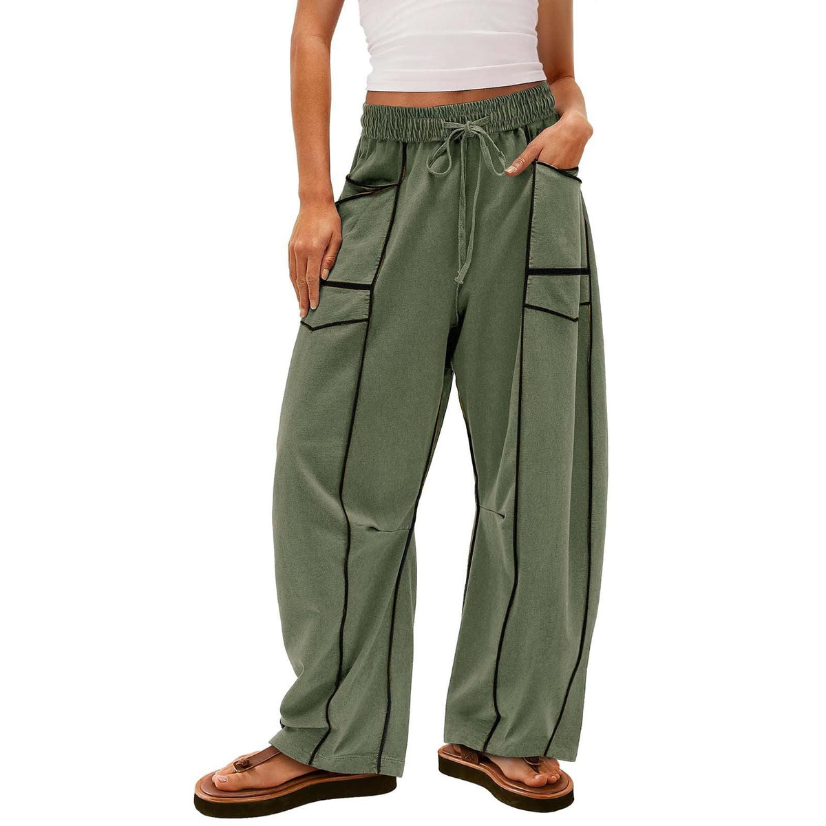 Damen nan weite Lounge-Hose mit Kordelzug, Kontrastpaspelierung und Cargo-Taschen