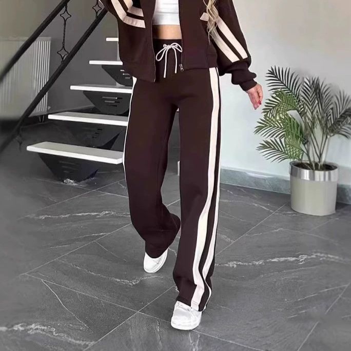 Damen nan athletisches Zweiteiler-Set aus French Terry mit Reißverschluss Cropped Jacke und weitem Highwaist Jogger