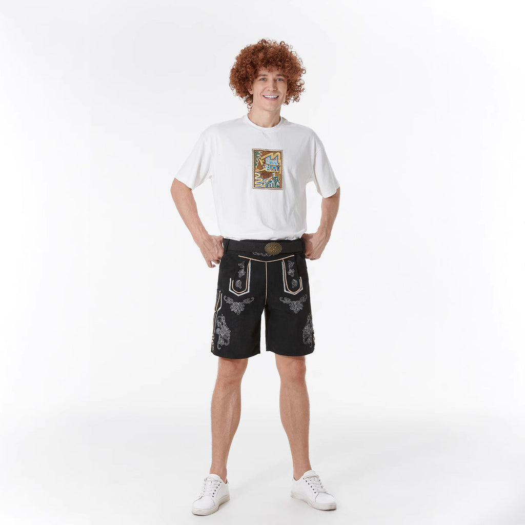 Herren nan kurze Trachtenlederhose mit filigranen Stickereien und Zierschnalle
