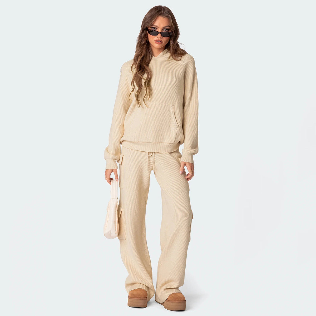 Damen nan gerippter Kapuzenpullover aus Feinstrick mit Kängurutasche und relaxed Fit