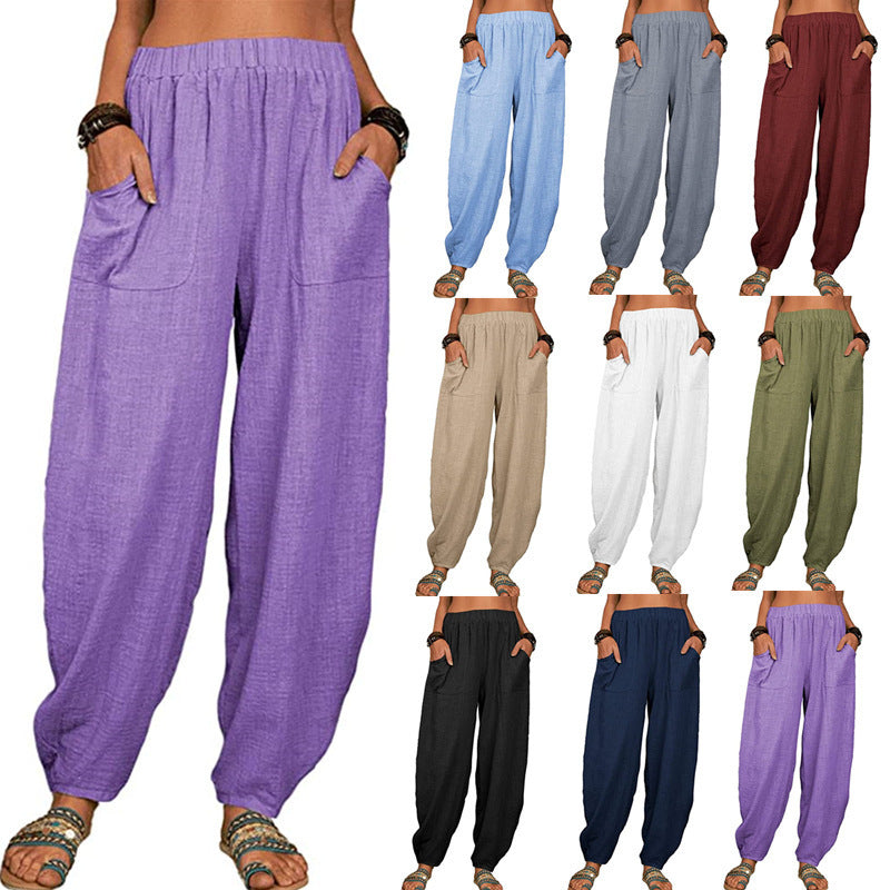 Damen nan lockere Leinenhose mit weitem Bein elastischem Bund und großen aufgesetzten Taschen