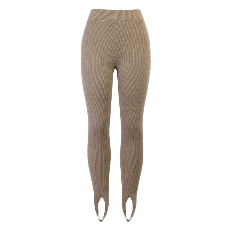 Damen nan figurschmeichelnde Rippstrick-Leggings mit Fußschlaufe und hoher Bundkompression