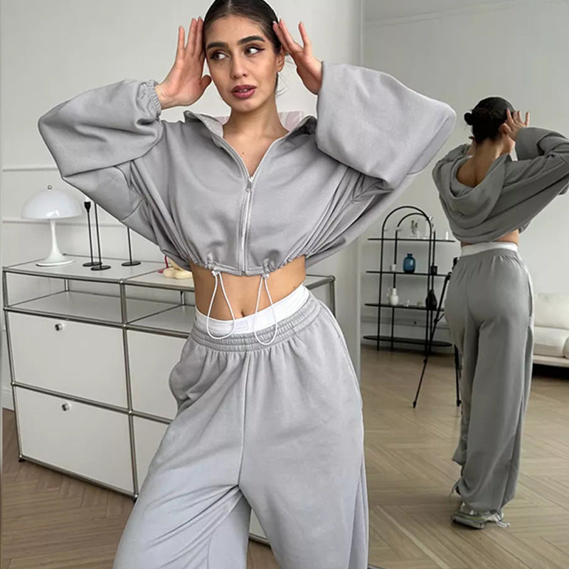 Damen nan cropped Reißverschluss-Hoodie mit Tunnelzugsaum und weitem Sweatpants-Schnitt