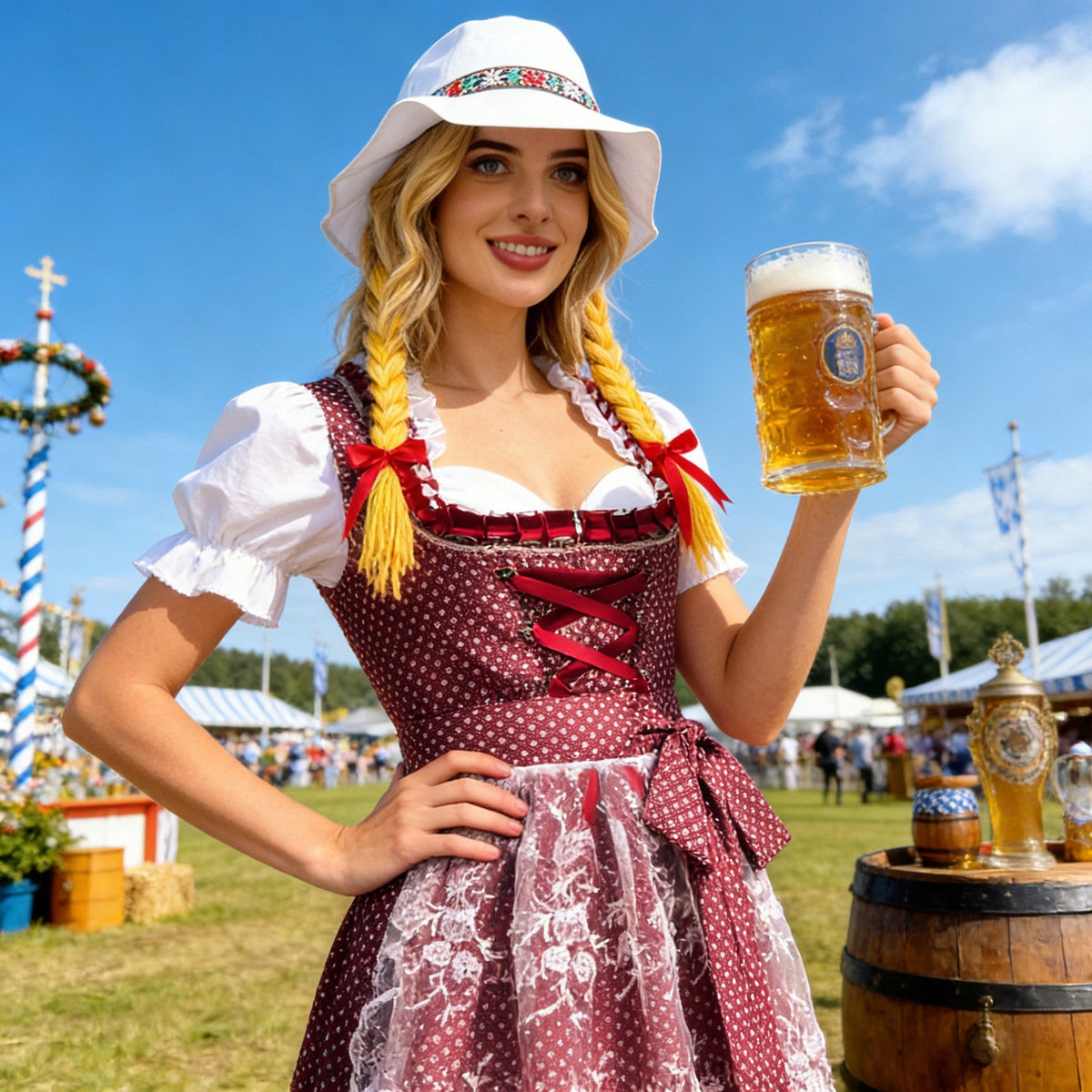 Damen nan traditionelles Dirndlkleid mit geschnürter Miederfront, Rüschenbluse und Spitzenapplikation