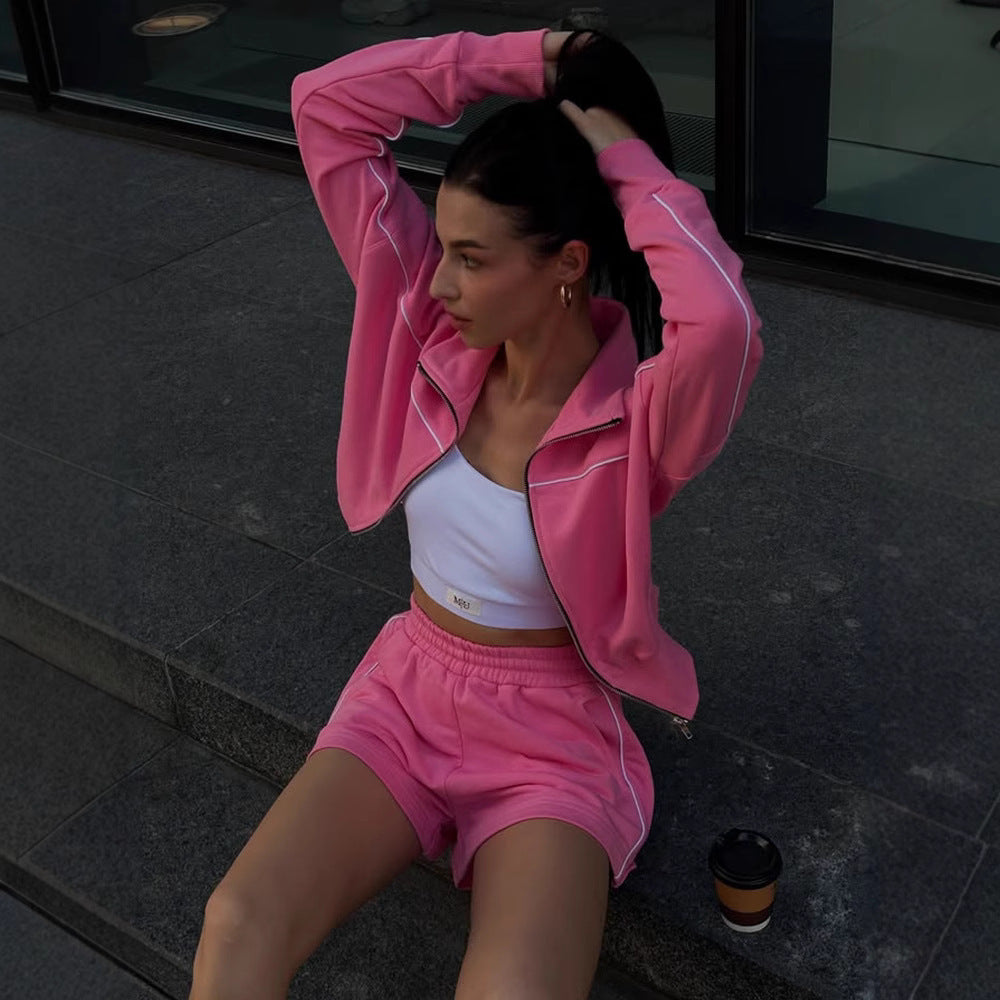 Damen nan athletischer Zweiteiler mit formendem Sportbustier, taillierter Highwaist-Sweatshorts und Zip-Hoodie