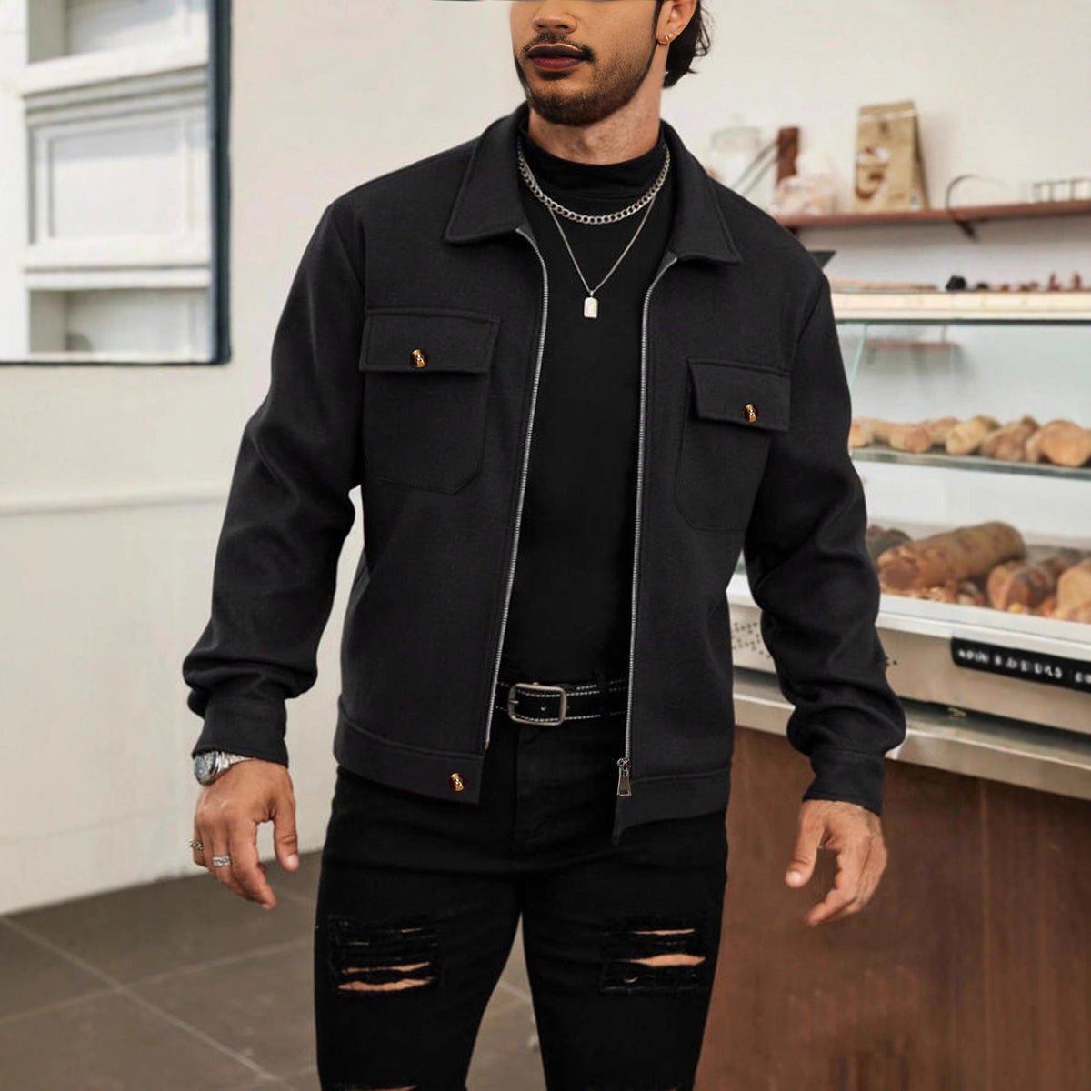 Herren nan CPO-inspiriertes Overshirt-Jacke mit aufgesetzten Brusttaschen und Reißverschluss