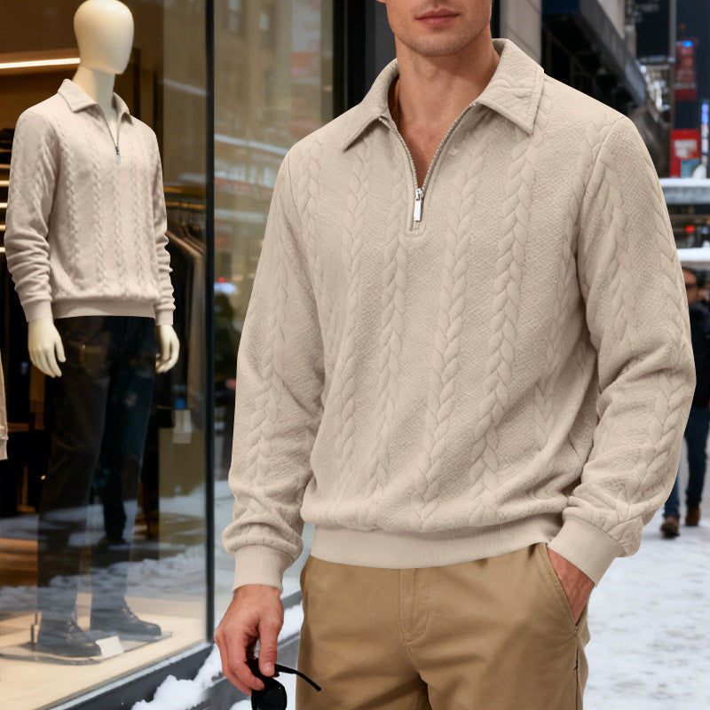 Herren nan strukturierter Strickpullover mit halbem Reißverschluss, Polokragen und Zopfmuster
