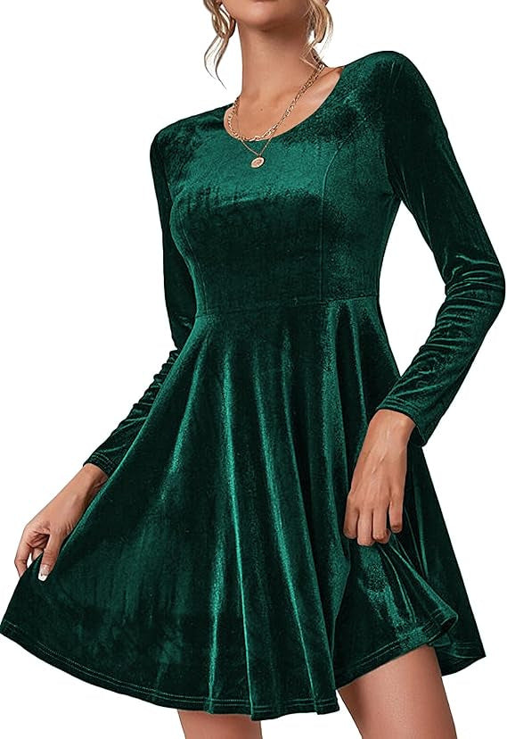 Damen A-Linien Kleid aus samtiger Qualität mit langen Ärmeln und Rundhalsausschnitt Selmira