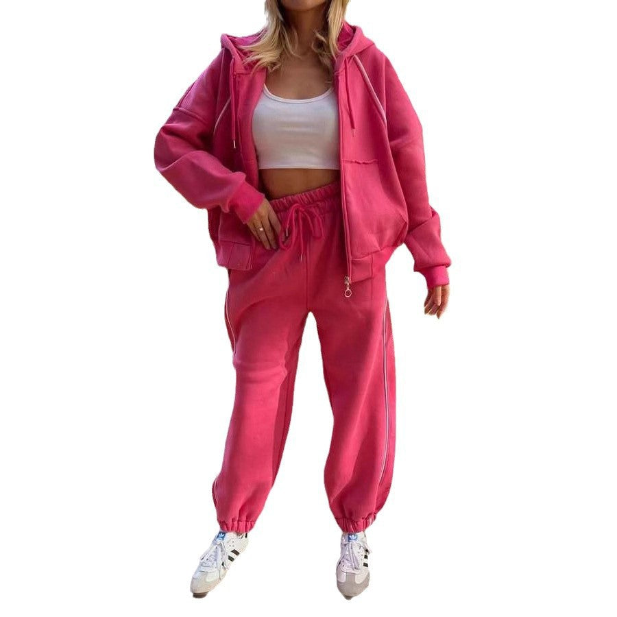 Damen nan kurzes Zip-Hoodie und Highwaist Jogginghose Set mit elastischem Komfortbund und seitlicher Paspel