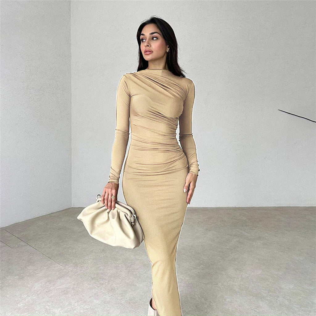 Damen nan gerafftes Maxikleid mit asymmetrischem Ausschnitt und taillierter Silhouette