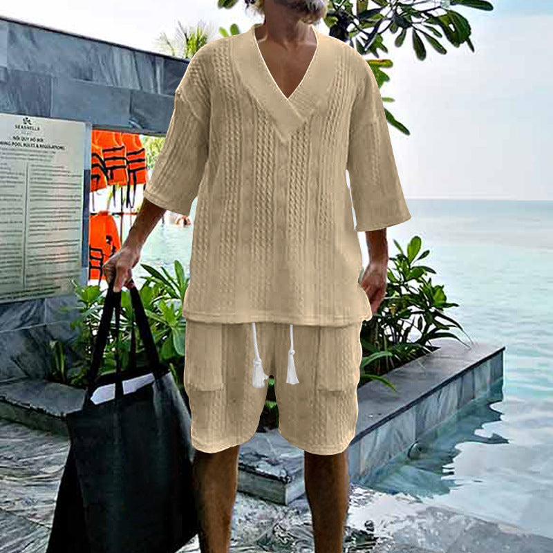 Herren nan lässiges Strick-Set mit V-Ausschnitt, Kurzarm-Oversize und Kordelshorts