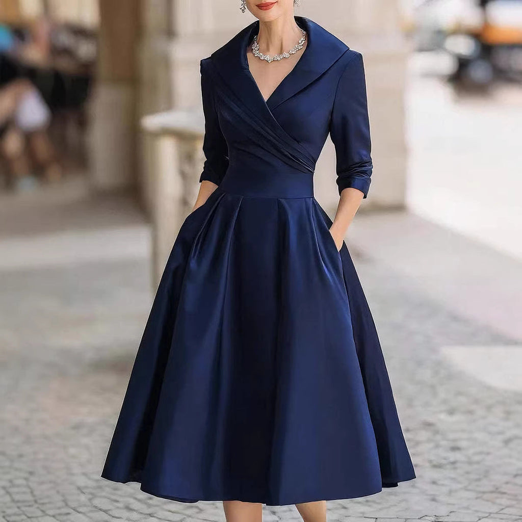 Damen nan elegantes Midikleid mit Wickeloberteil, Dreiviertelärmeln und Eingrifftaschen